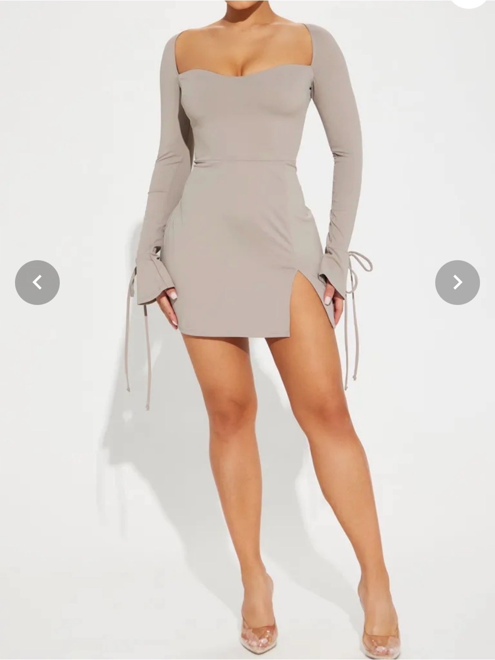 Fashion Nova Taupe Square Neck Long Sleeve Mini Dress with Side Slit